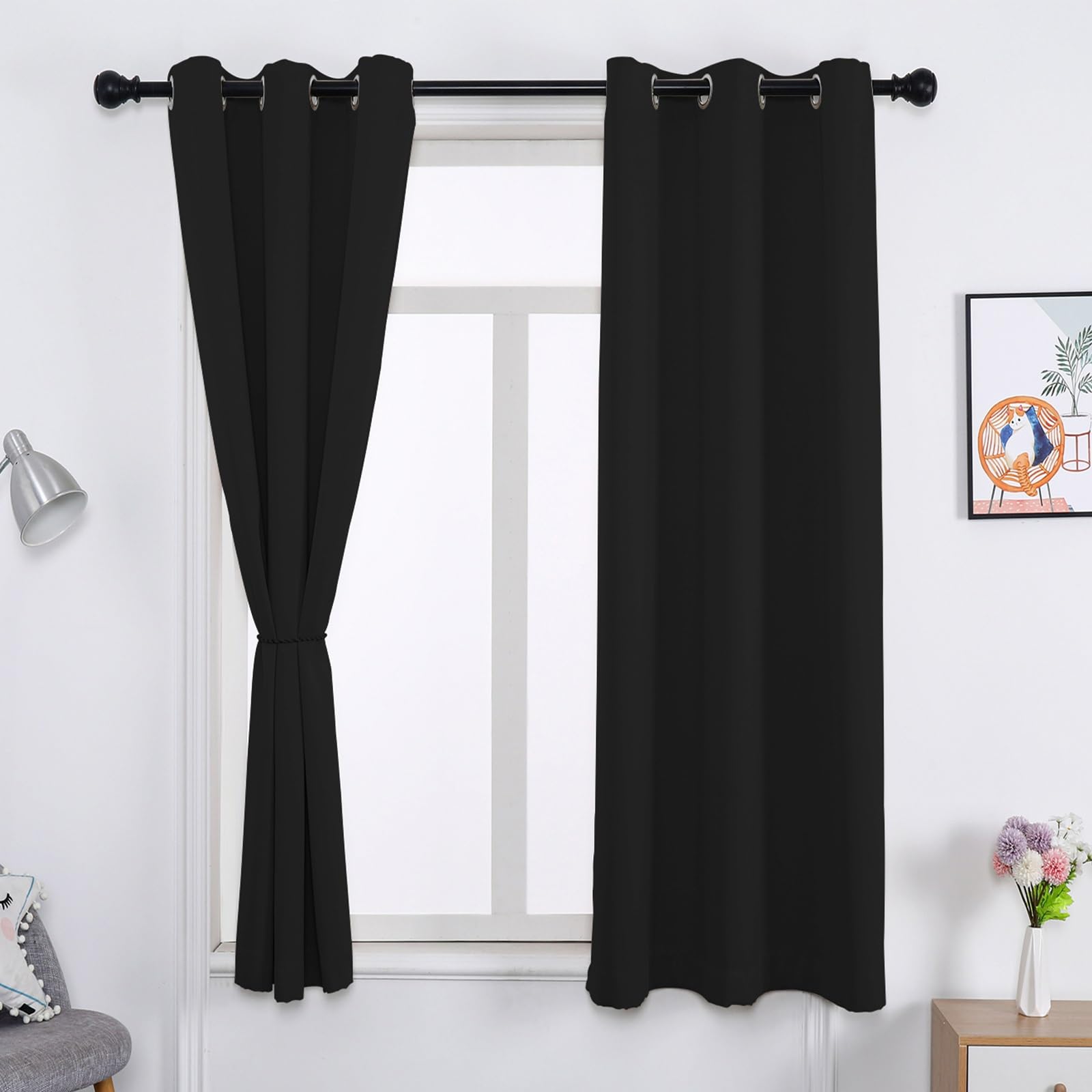 WUXXIANG 100% Blackout Curtains Eyelet 70 x 150 cm Thermal Insulated Soundproof, Energy Saving & Noise Reducing Curtains, with Matching Tie Backs, for Living Room/Kitchen, Black