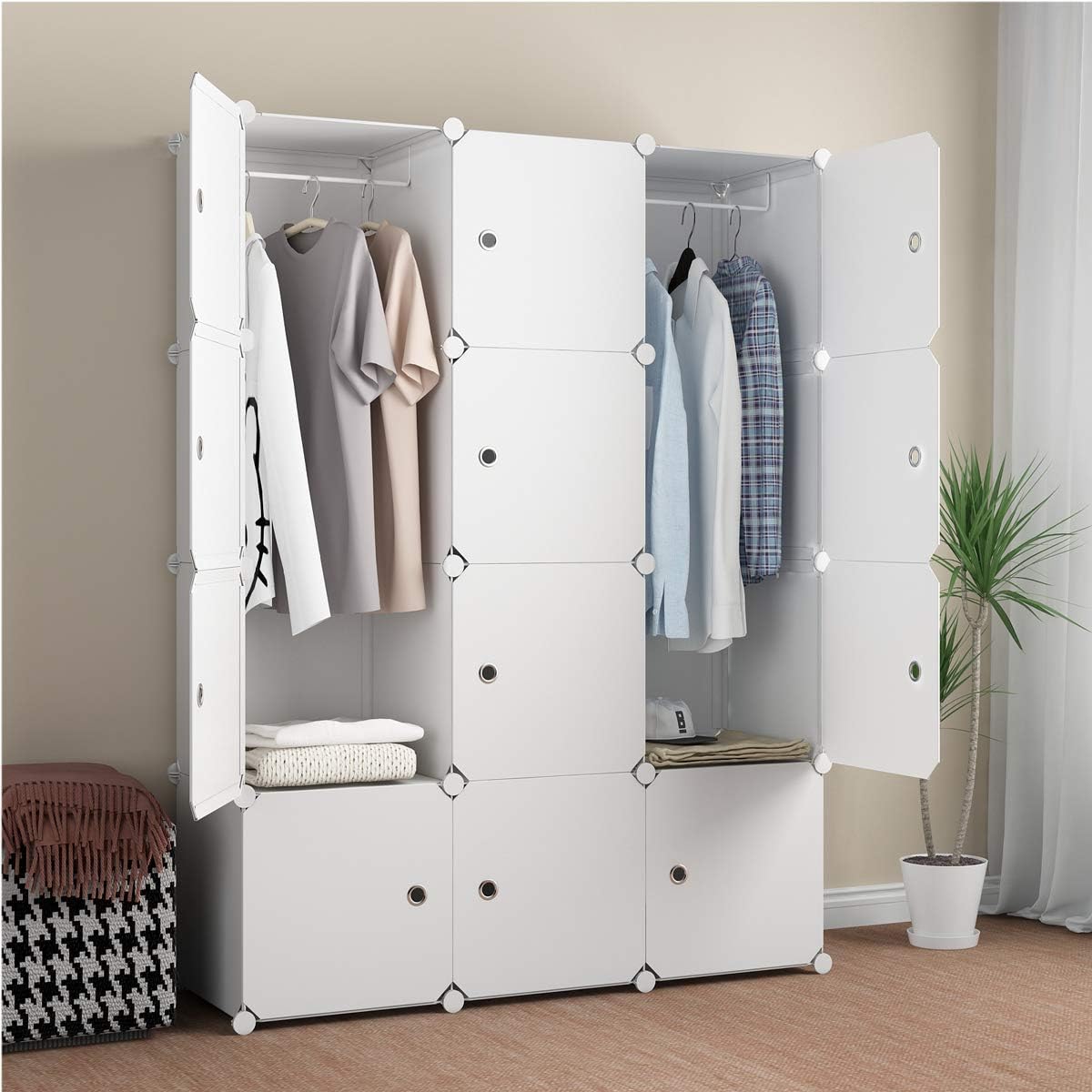 KOUSI Portable Wardrobe Closets 14"x18" Depth Cube Storage, Bedroom Armoire, Storage Organizer with Doors, 6 Cubes + 2 Hangers, White