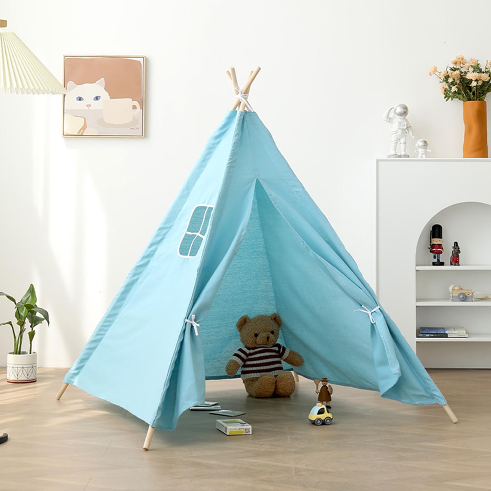 Beauenty Teepee Tent for Kids, Foldable Play Tent for Kids, Indoor & Outdoor Indian Style Children Playhouse with Blue Cotton Canvas, Polished Poles (Blue)
