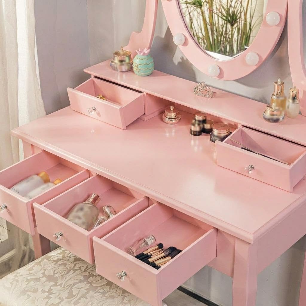GarveeHome Modern Pink Vanity Table Set with Oval Lighted Mirror – 5 Spacious Drawers – Adjustable 3 Lighting Modes – Makeup Dressing Desk with Cushioned Stool