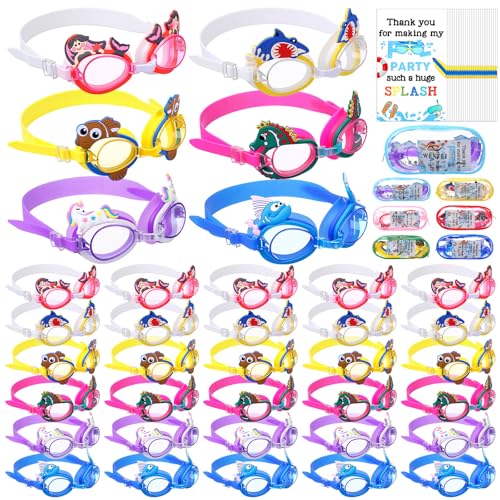 Relaxweex 36 Sets Swim Goggles Gifts Bulk with Thank You Card Anti Fog Goggle for Summer Pool Party End of Year Outdoor Beach(Animals)