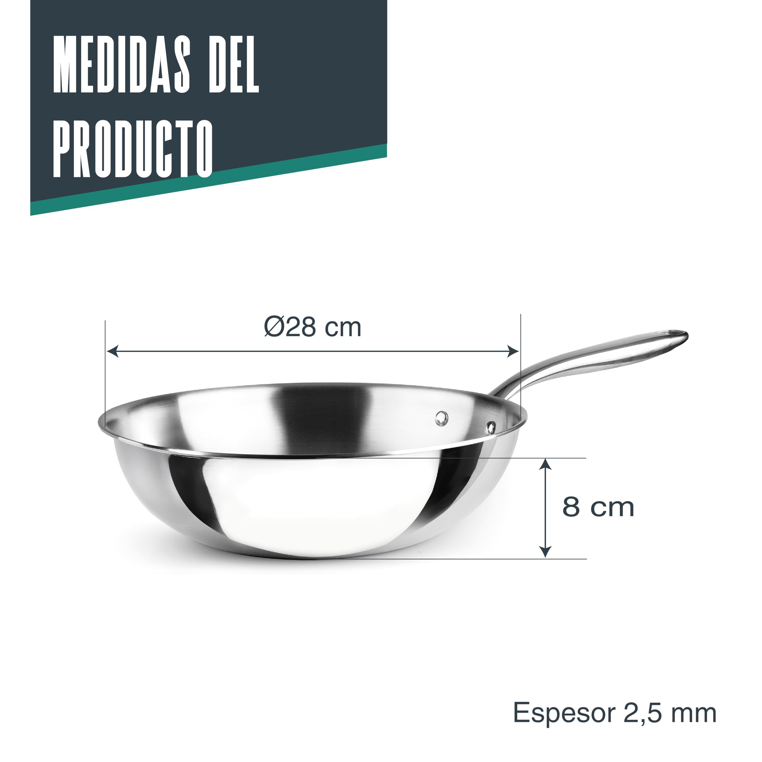 LACOR - 60898 - Wok Trichef, 28 cm, Acero Inoxidable 18/10 y Aluminio 1060, Tricapa, Mango de Acero Fundido, Apto para Inducción, Horno y Lavavajillas