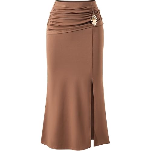 Pink Queen Womens Bodycon Fishtail Skirts Spring Summer Elastic Waist Slit Ruched Cocktail Party Wedding Guest Long Skirt