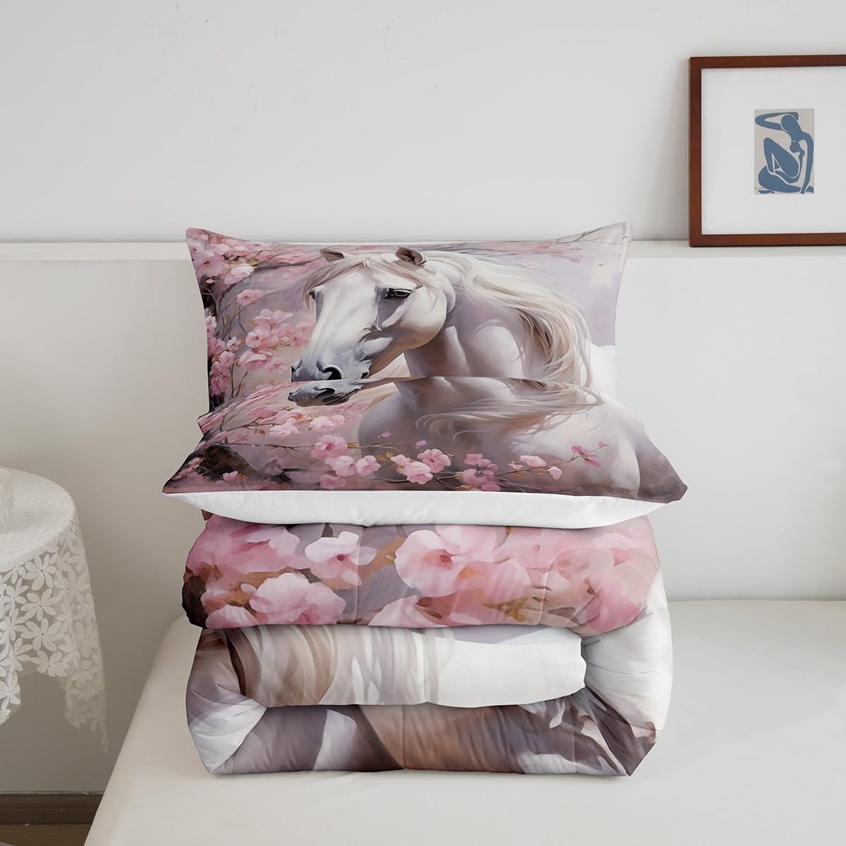 Manfei Galloping Horse Comforter King Size,Chic Cherry Blossom Pink Comforter Set Bedding Set for Kids Adults,Dreaming Animal Cowgirl Duvet Set Ultra Soft Room Decor 3Pcs Quilt Set