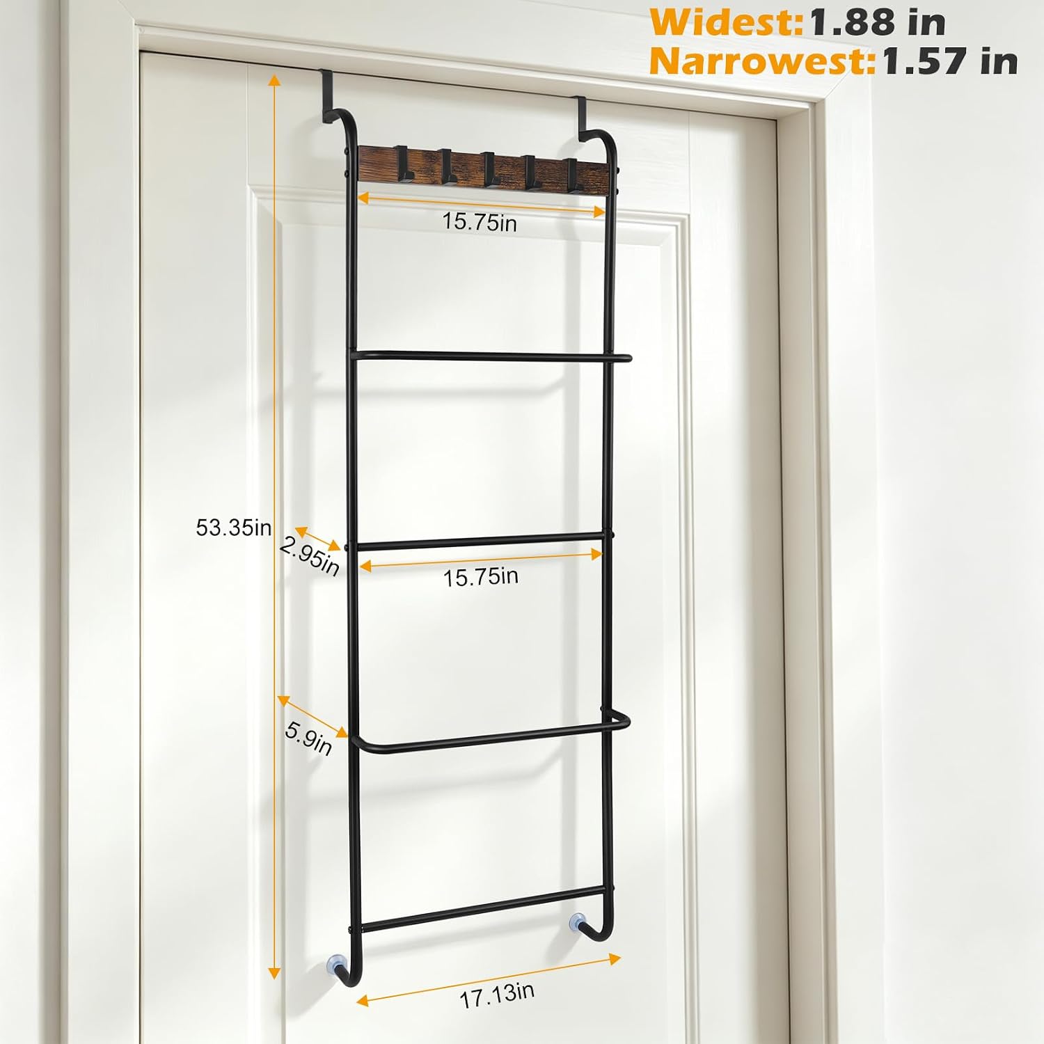 Over The Door Towel Rack with 5 Hooks 4 Towel Bars Industrial Metal Towel Door Hanger for Bathroom Towel Rack with Hooks for Door Hanging Door Towel Bar, No Drilling Required, Black