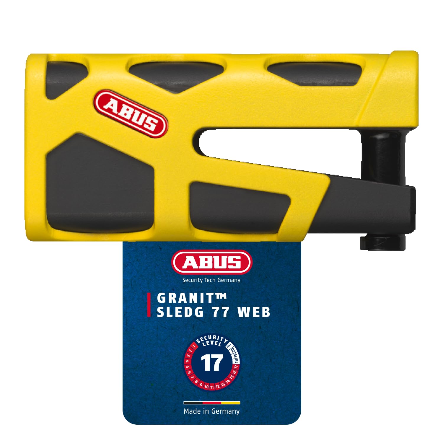 ABUS Antivol à Disque de Frein Granit Sledg 77 Yellow - Antivol pour Moto avec Cylindre XPlus sécurisé et câble de Rappel - Niveau de sécurité 17 - Jaune