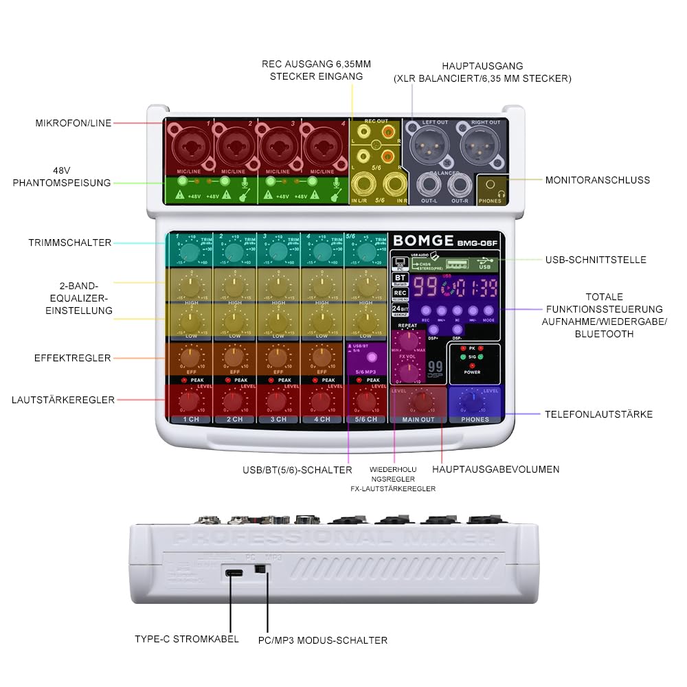 BOMGE 6-kanałowy mini mikser dźwięku DJ z interfejsem USB, Bluetooth, nagrywanie stereo, zasilanie fantomowe 48 V, 24 efekty DSP do karaoke, śpiewania, transmisji na żywo, transmisji strumieniowej,