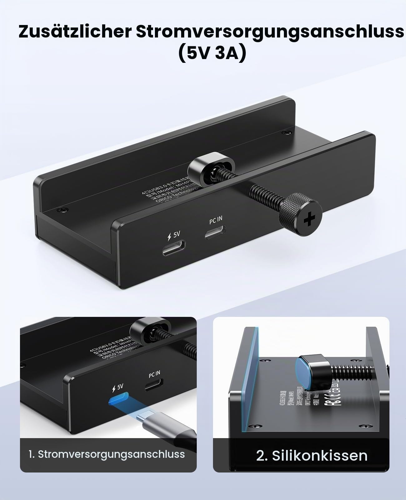 ORICO Clip-Typ USB Hub mit SD/TF Kartenleser, 5 in 1 USB Hub 3.0 mit 2 Typ A 3.0 Ports, 3.5 mm Audio, 5Gbps USB Verteiler mit 5V Stromversorgungsanschluss, Für Monitore, Desktop