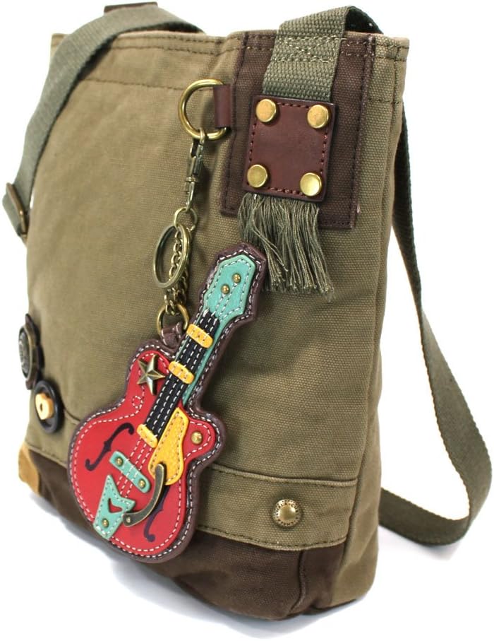 Canvas Cotton Cross-body Tote Bags with GUITAR Key Fob/Coin Purse and Zipper Closure (Olive)