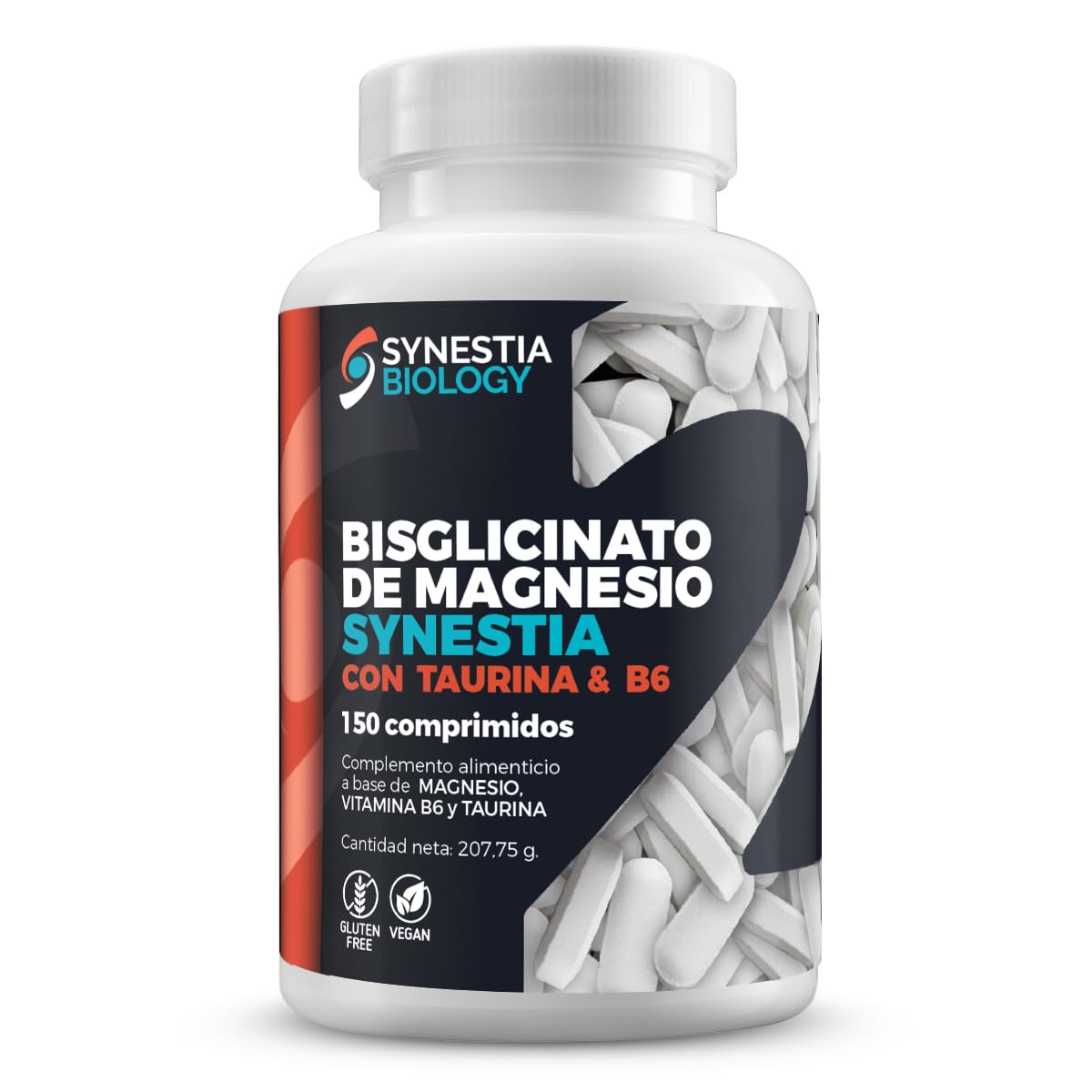 Bisglicinato de Magnesio Synestia con taurina y vitamina B6, suministro 1 a 2 meses, 150 comprimidos, vegano y sin gluten