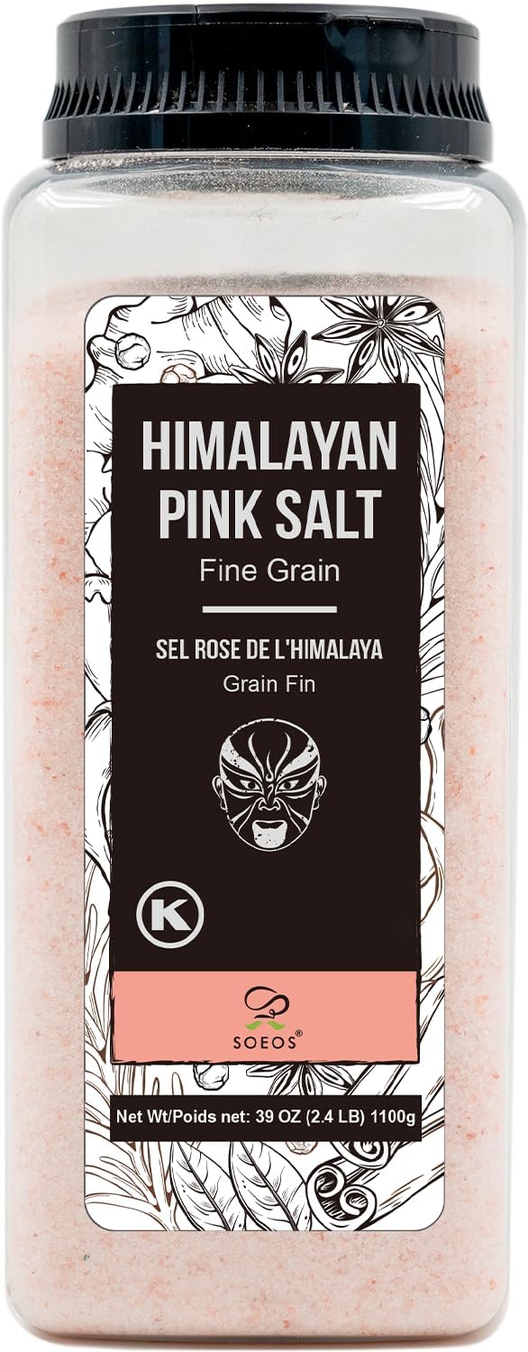 Soeos Pink Himalayan Sea Salt, Fine Grain, 38.8oz (2.4 LB), Kosher Salt, Non-GMO