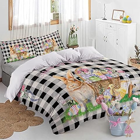 Spring Easter Duvet Cover Set California King 3 Pieces, Microfiber Soft Bunny Rabbit Chicken Eggs Flowers Vintage Buffalo Plaid Lightweight Bedding Sets, 1 Quilt Covers with 2 Pillow Shams for Bedroom Cover