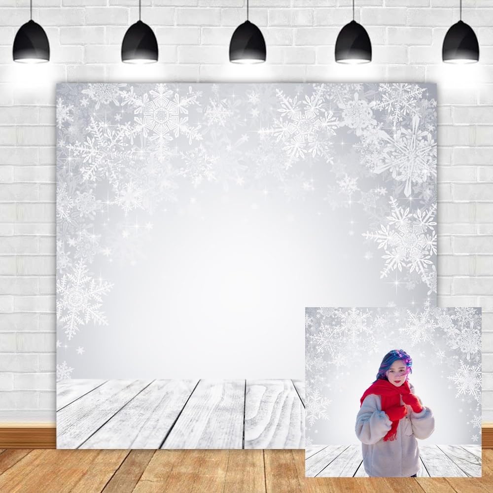 Leyiyi 6x6ft Photography Background Merry Christmas Backdrop Snowflake Wooden Floor Frost Cold Winter Snowcovered White World Blank Bokeh Fir Happy