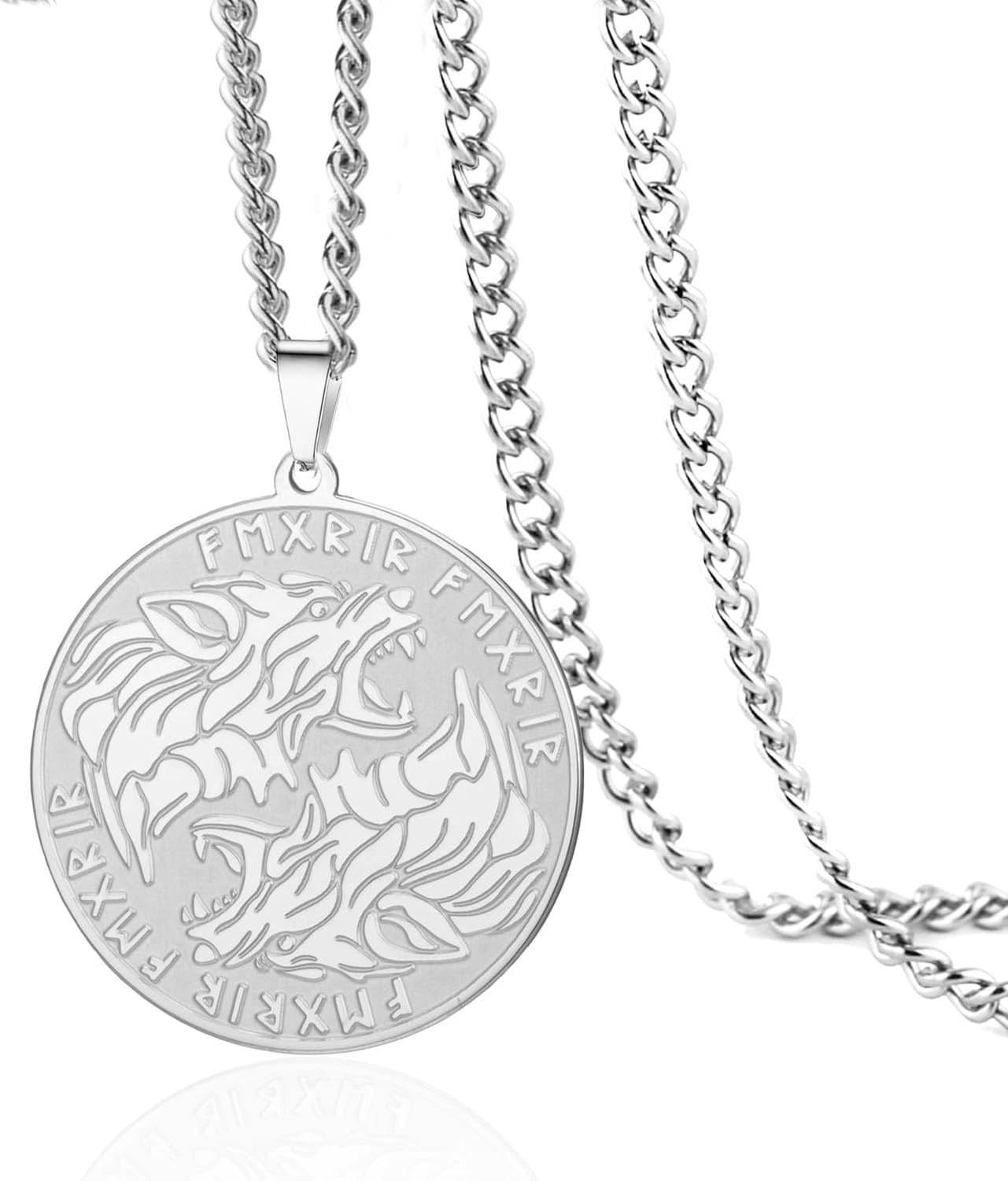 Wuufake Wolf Head Pendant Necklace Norse Viking Runes Stainless Steel Amulet Jewelry for Men, Silver