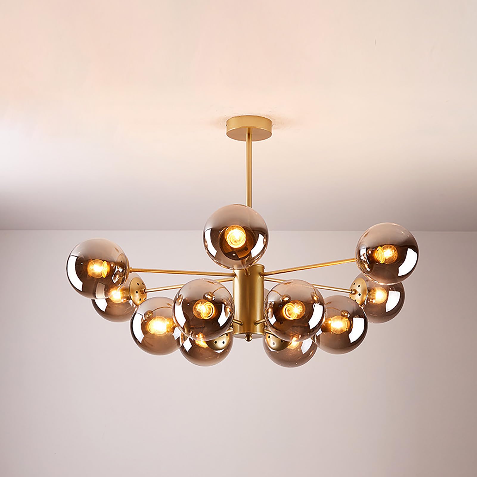 Mid Century Modern Chandelier, Glass Linear Pendant Light Dimmable Light Fixture, Decorative Globe Ceiling Light for Dining Room, Bedroom, Kitchen, Easy Installation(12 Heads, Gold + Smoke Gray)