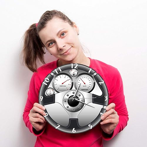 Miniatura 6 de The Geeky Days Reloj de pared de cuarzo silencioso con volante y tablero de instrumentos deportivo, diseño de automóvil, decoración del hogar,