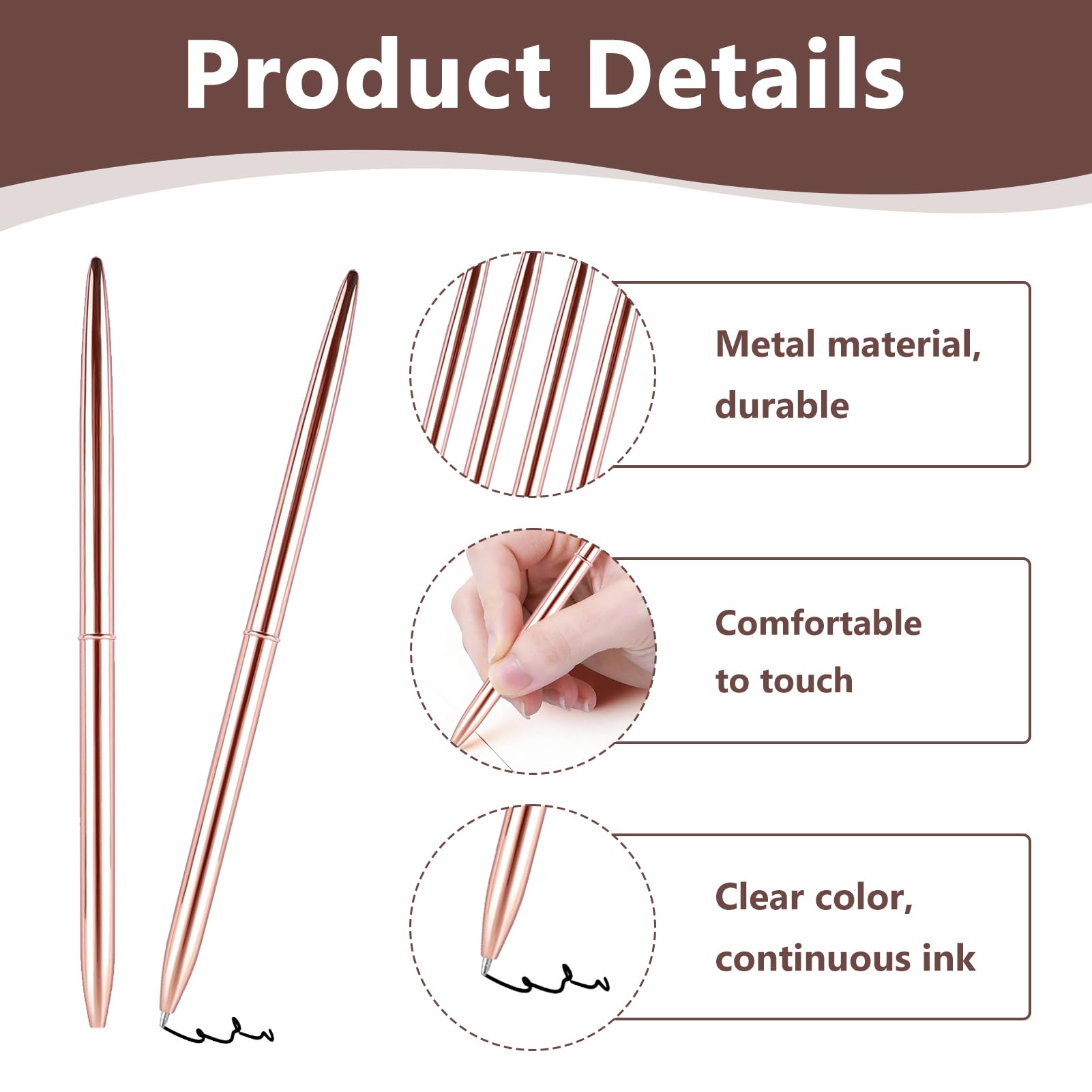 Hukneqn 4 PCS Rose Gold Pens, Nice Pens, Metal Ballpoint Rose Gold Pen, Smooth Writing, Metallic Ink, Ideal for Office School - Image 3