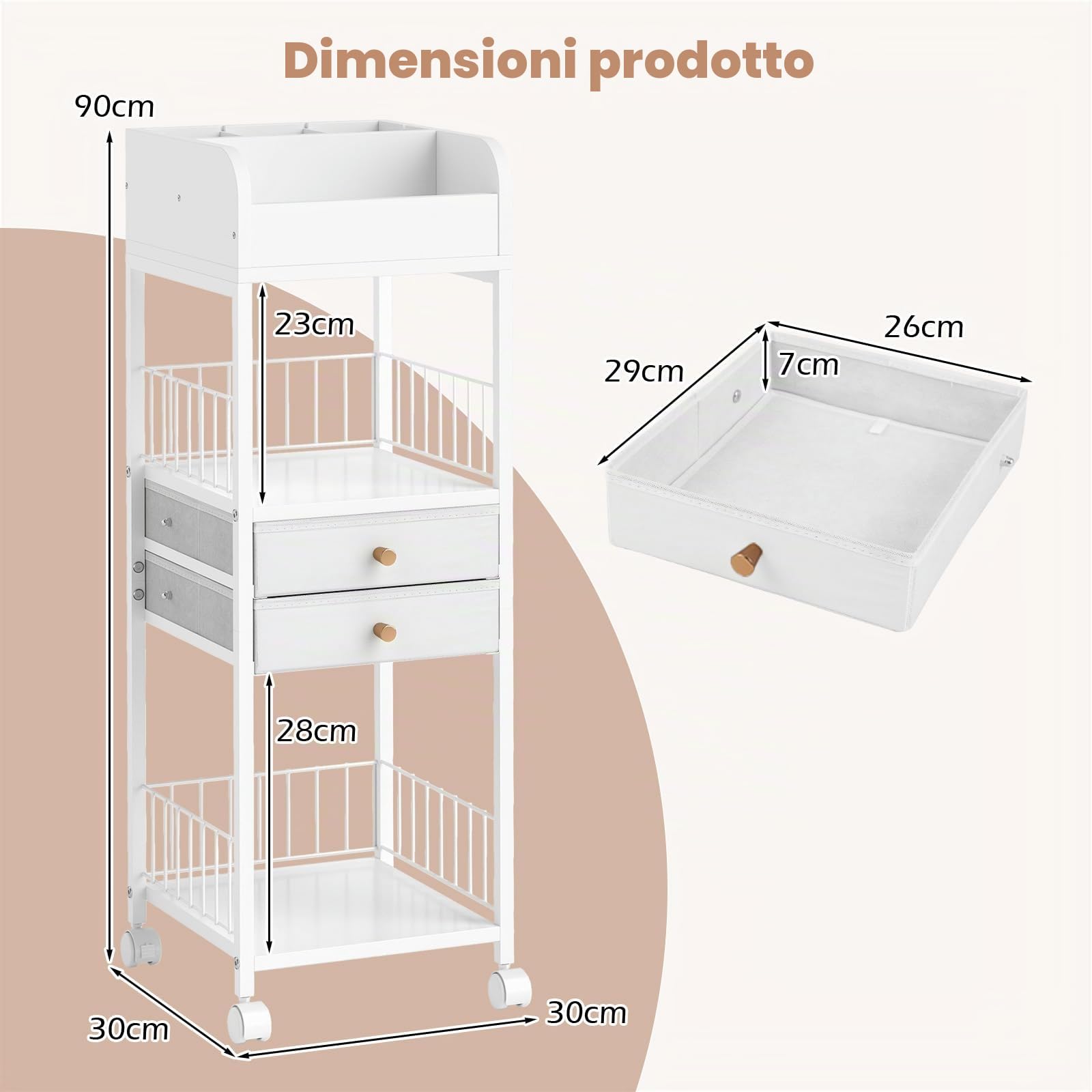 GIANTEX Carrello portaoggetti per cosmetici, organizer per trucchi, con 2 cassetti, 2 ripiani aperti e cubi, 4 ruote, 30 x 30 x 90 cm, carrello multifunzionale per bagno, camera da letto