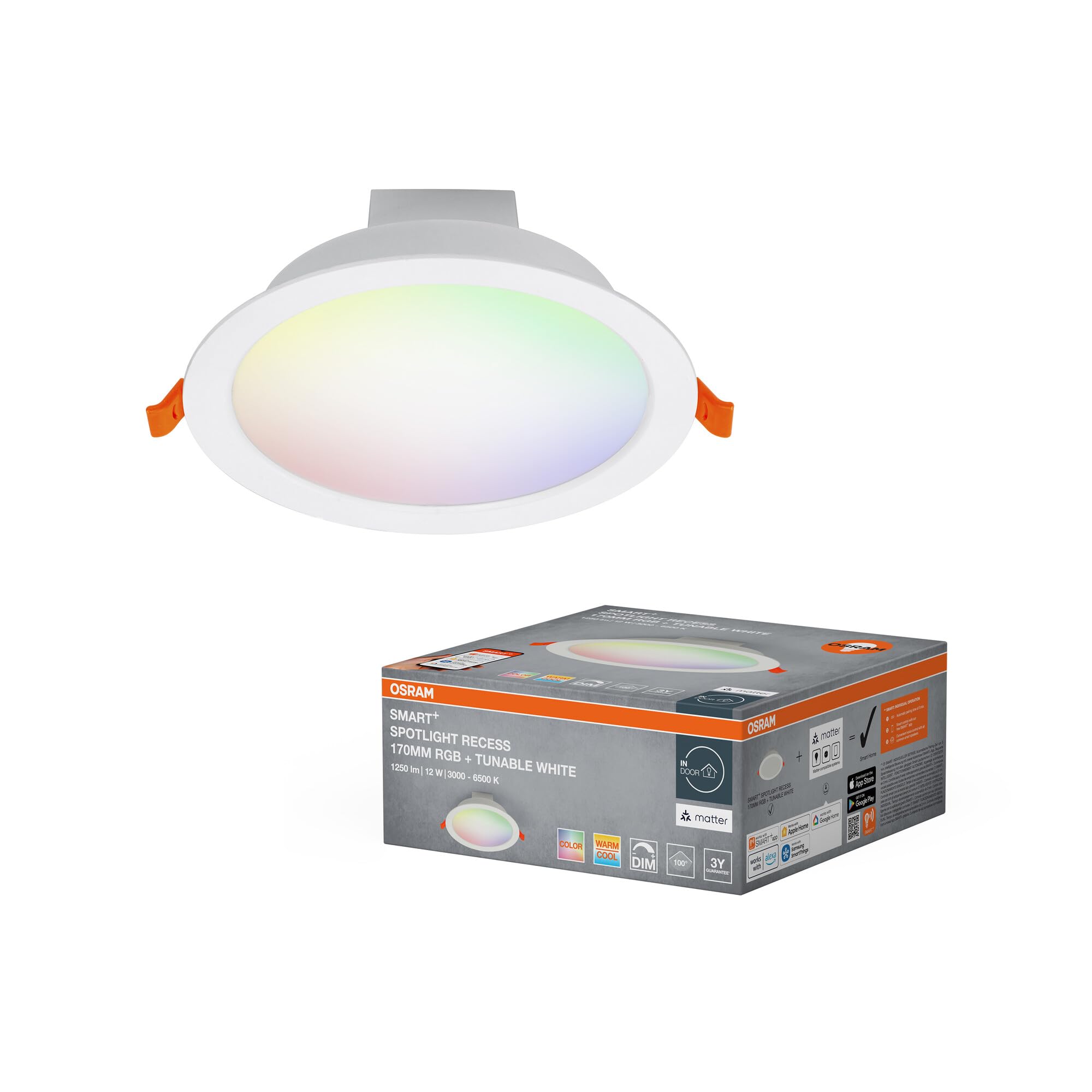 Osram SMART+ Matter Recess LED Downlight Weiß 170mm, 12W, 1200lm, RGB+TW 3000-6500K, WiFi, Alexa, 110°, Einbau