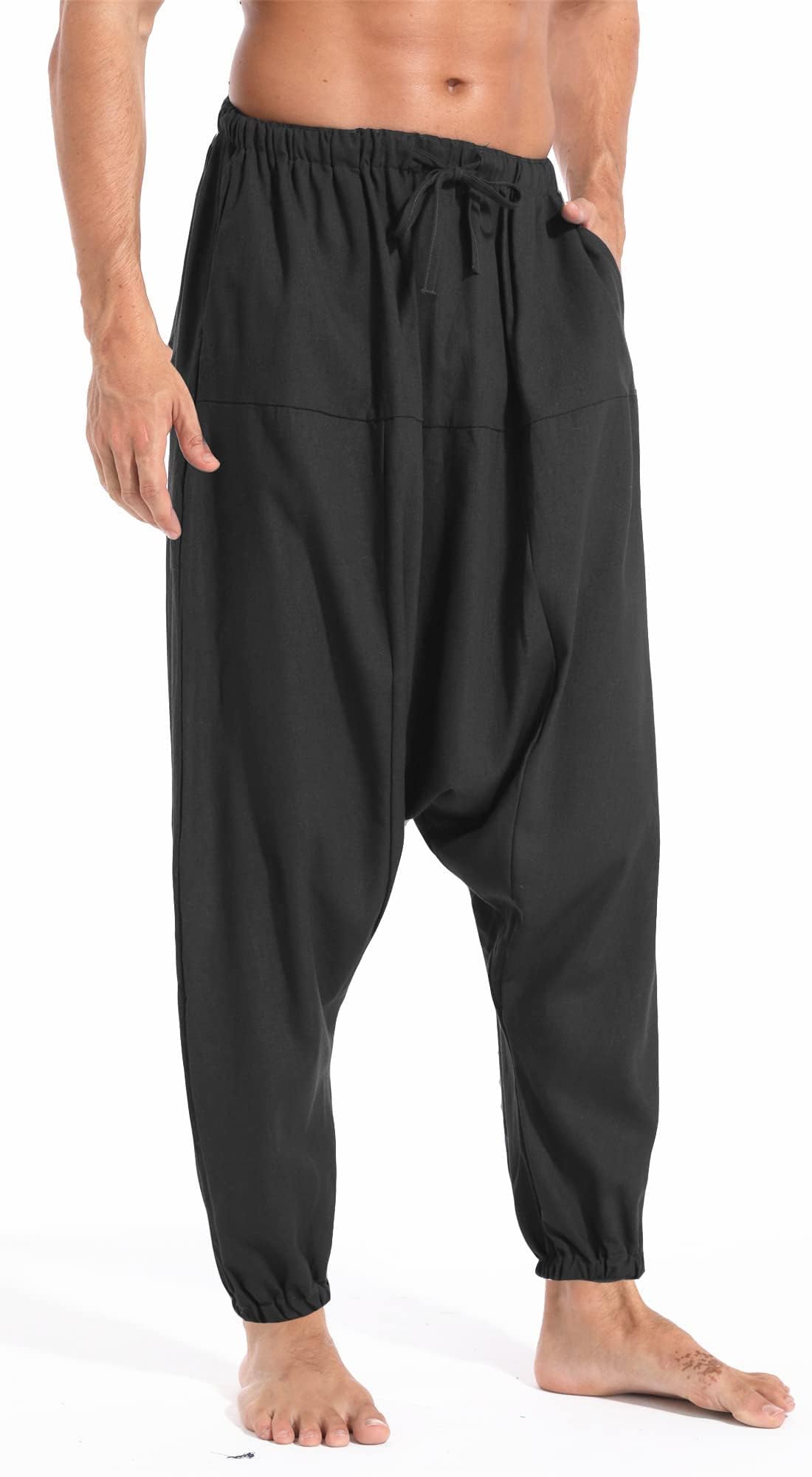 AITFINEISM, Pantaloni harem da uomo, comodi, con vita elasticizzata, alla moda, in tinta unita, casual, in stile hippie, per yoga