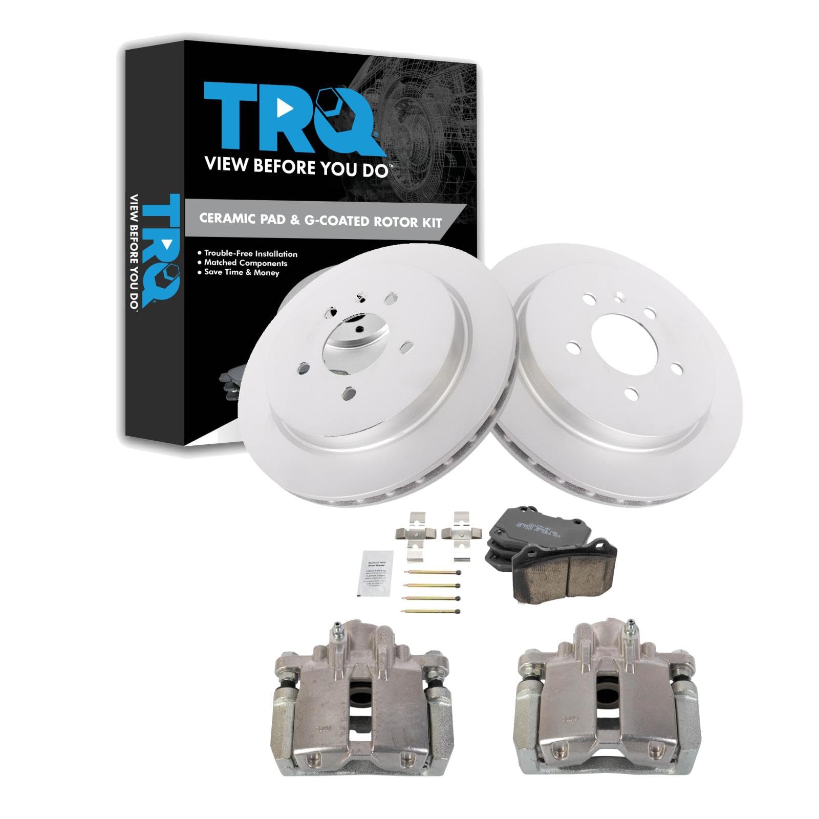 TRQ Rear Brake Pad and Rotor Set Ceramic G Coated Rotors Calipers