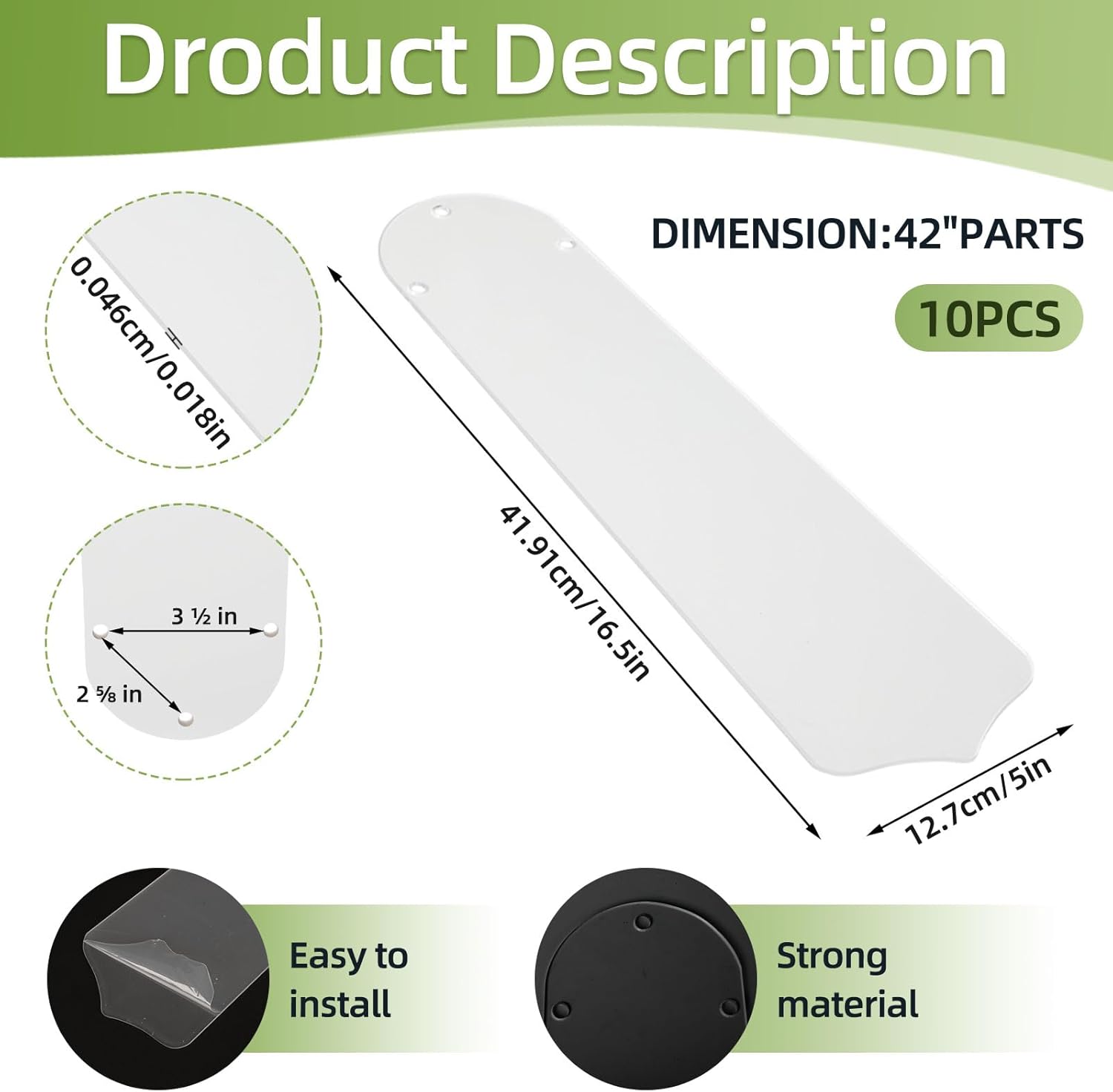 10 Pcs 16 1/2" Ceiling Fan Blades for 42" Clear Acrylic Ceiling Fan Blades Replacement Universal Fan Blades Substitution for Summer Indoor Outdoor Replacing Broken Blades Use