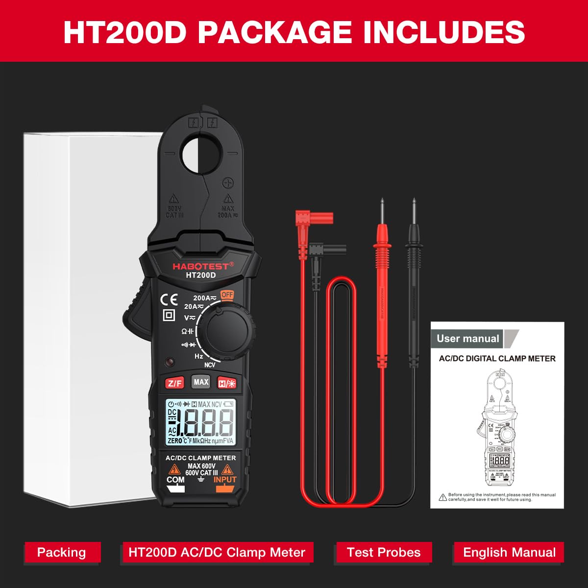 HUIOP HT200D Pinza amperimétrica digital 2000 recuentos eficaz verdadero NCV 600 V Voltaje 200 A Corriente CC/CA Multímetro digital Pinza Medidor de corriente Puede medir resistencia
