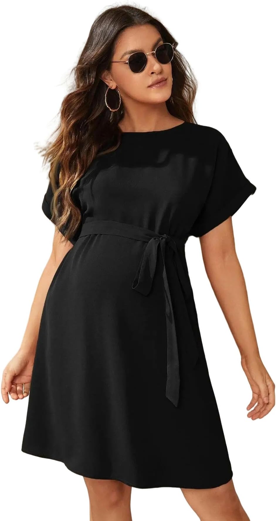 CLXLYUMaternity Dress Summer Pregnant Women O Neck Short Sleeve Flap Patched Dress For Premama Clothes