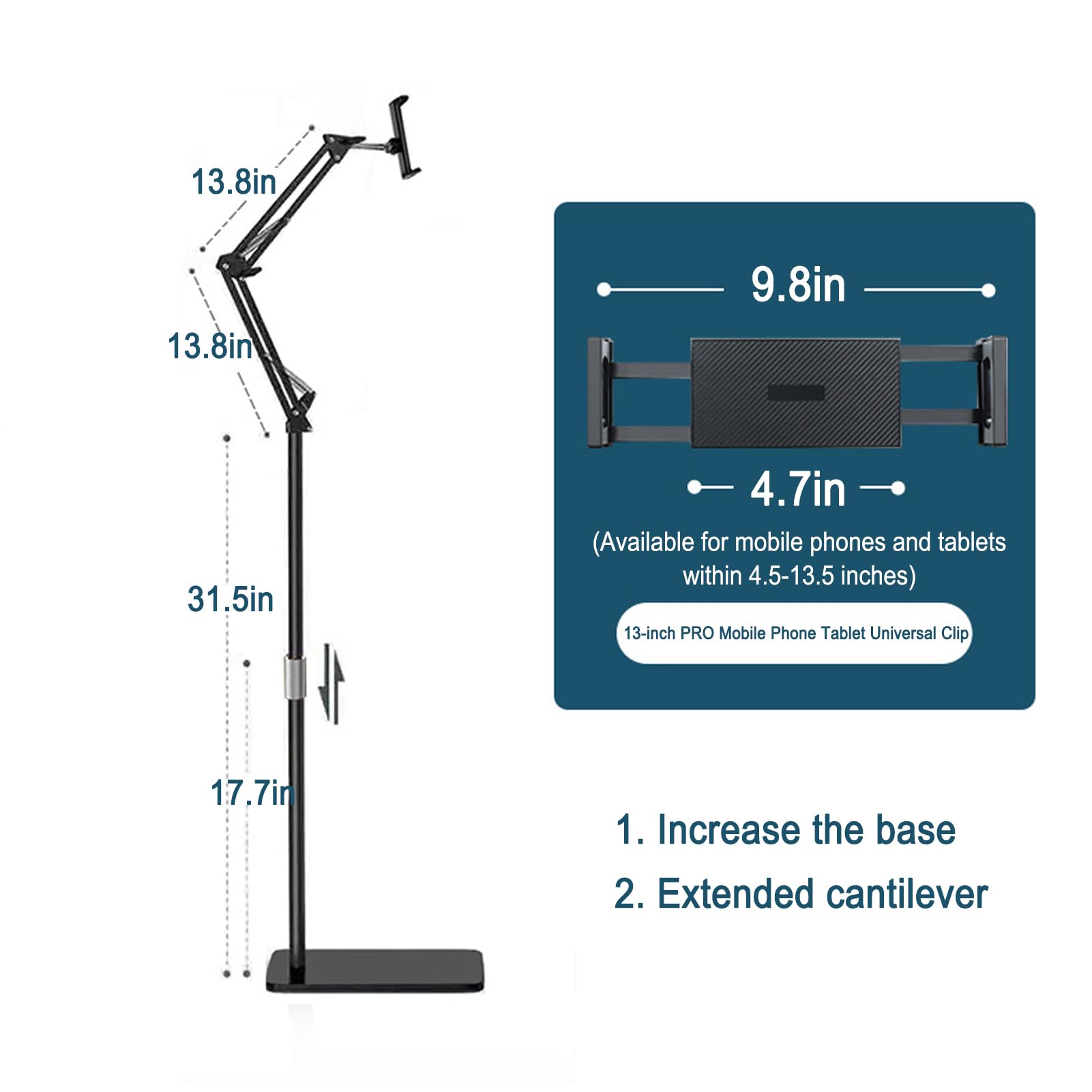 Soporte de suelo para tableta, altura y ángulo ajustables, base estable, manos libres para tabletas y teléfonos celulares