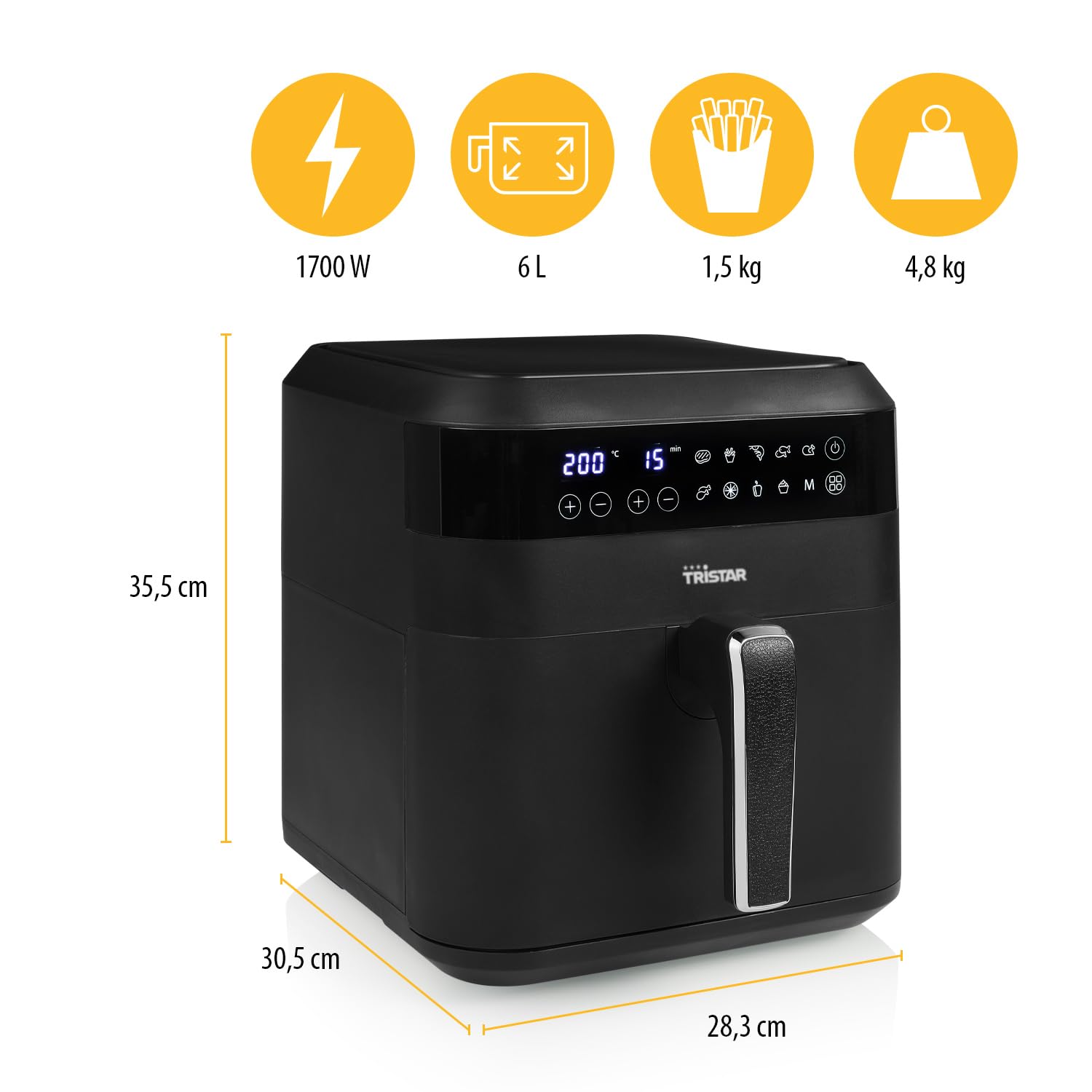 TRISTAR Airfryer FR-6999-6 L - 1,5 kg de frites - 10 programmes - Fonction mémoire, Noir