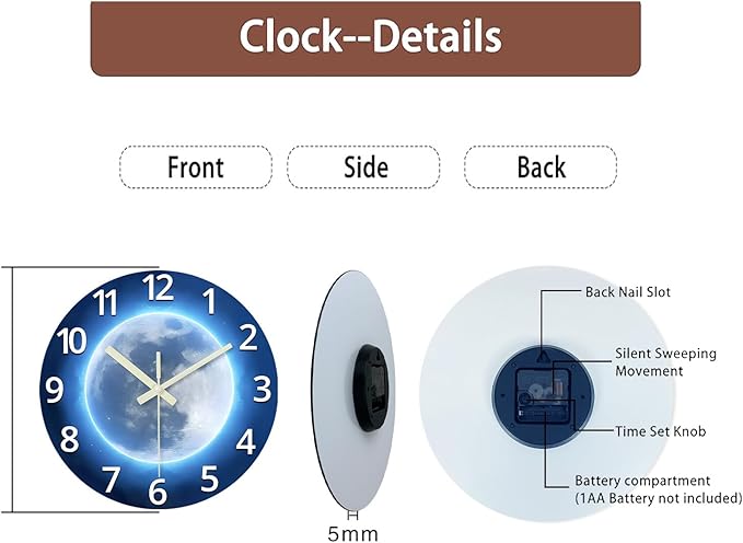 Reloj de Pared Analógico 12 Pulgadas Luminiscente Constante Azul Silencioso miniatura 8
