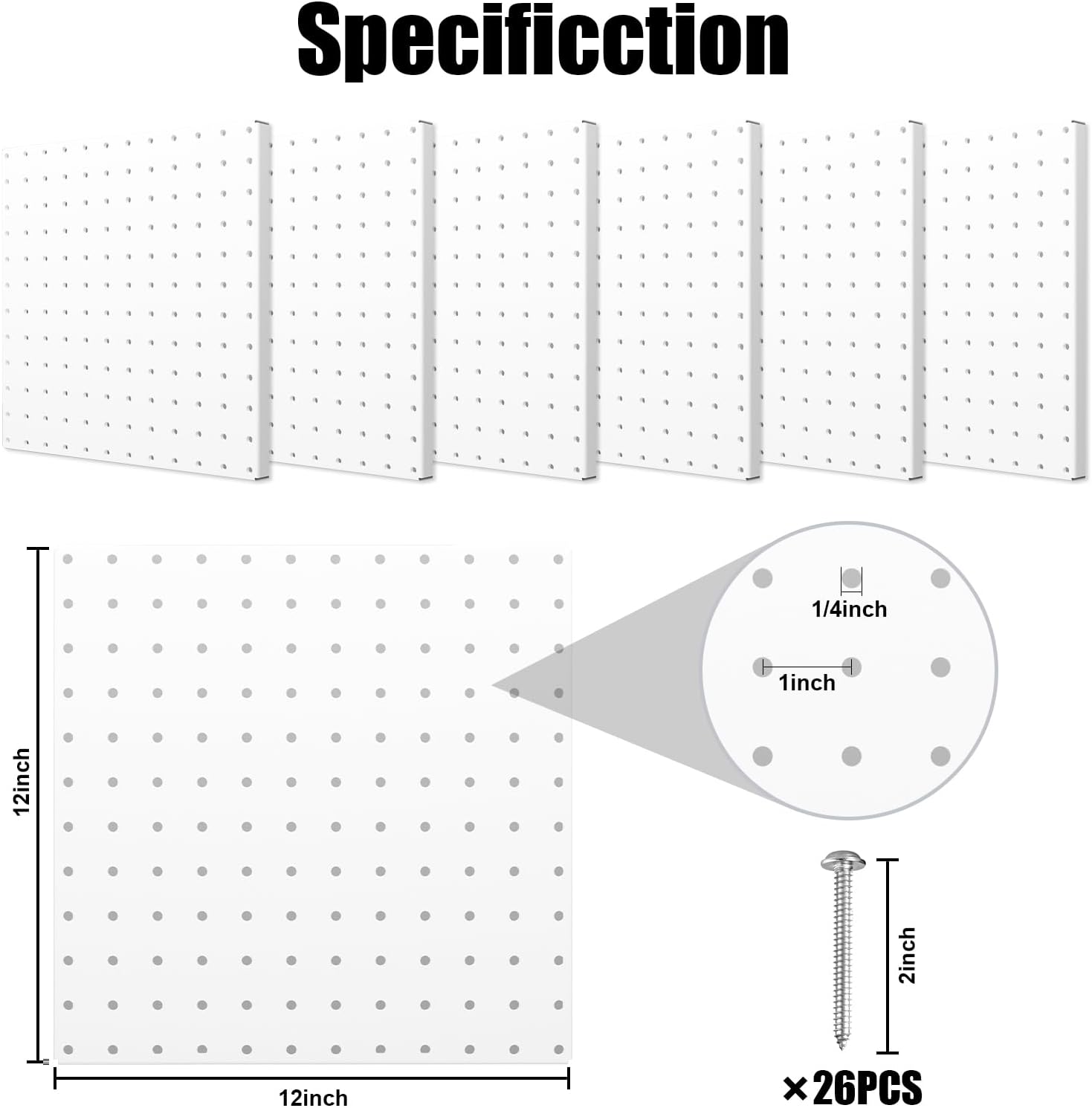 Peg Board, 6 Pack Metal Pegboard Panels White Pegboards Wall Organizer with 80 Pack 2/4/6/8 Inch Black Pegboard Hooks for Walls Home, Garage Tool Storage, Workbench, Craft Room, Kitchen