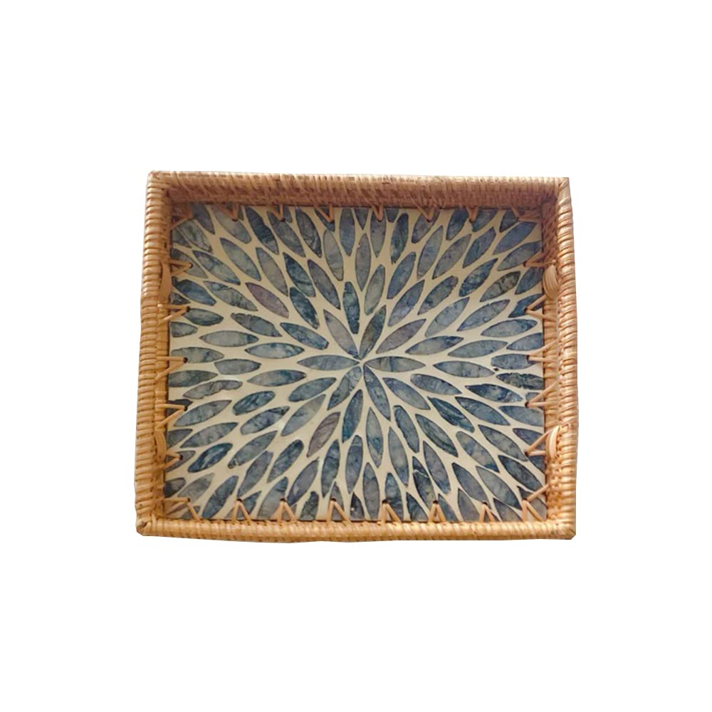 Plateau en Osier en rotin rectangulaire avec Base de Nacre en Bois incrustée et Manche pour Les Fruits, Plateau de Table Basse, Cuisine,A/S
