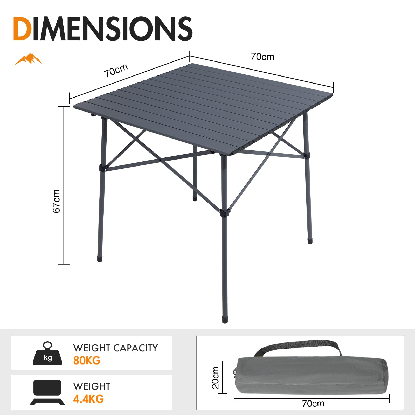 Portal, tavolo da campeggio pieghevole in alluminio 70x70 cm, quadrato, con piano avvolgibile, compatto, per 4 persone, tavolo da giardino con borsa da trasporto per picnic, campeggio, barbecue in