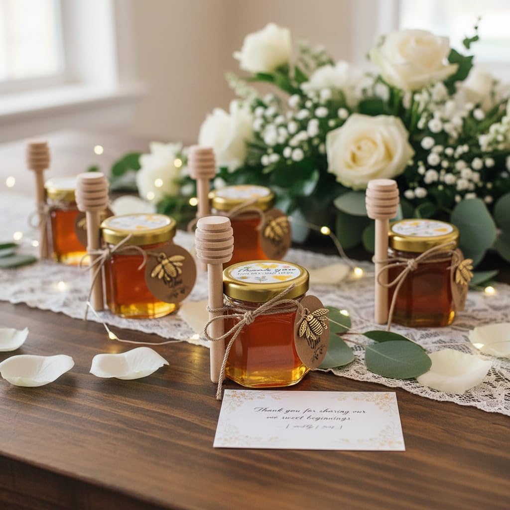 Paquete de 40 Tarros de Miel de Vidrio Con Gotero - Para Baby Shower, Boda y Fiesta - Tapas Doradas, Colgantes de Abeja, Yutes y Tarjetas
