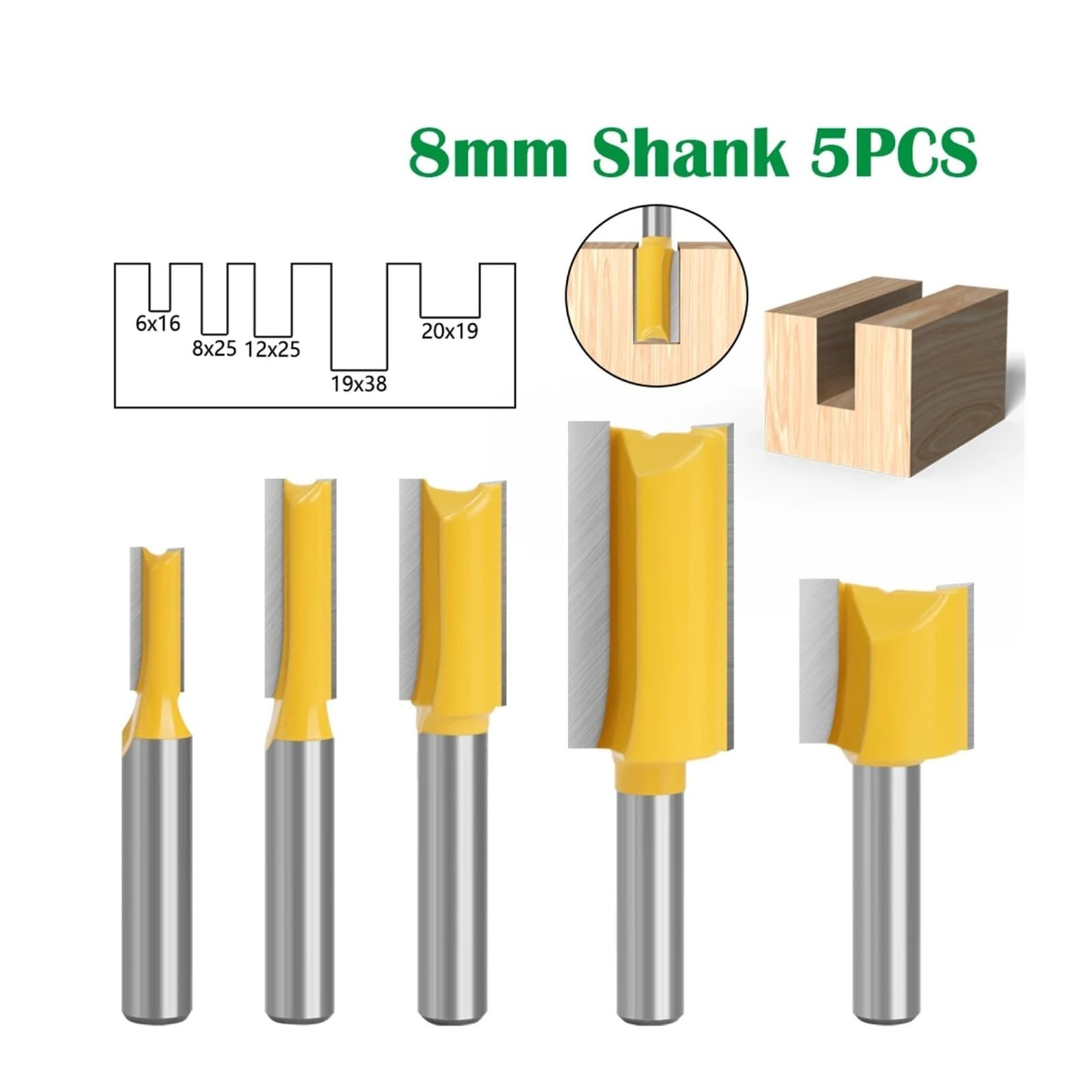 Juego de 5 brocas rectas de carburo de tungsteno de doble flauta con vástago de 8 mm, for fresado de madera, herramienta de carpintería C08002T5A