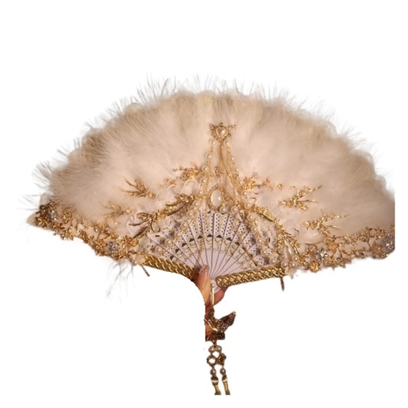 Wentylator składany Wachlarz z piór Taniec Qipao Spacer Pokaz Składany wentylator Retro Retro Hanfu Wróżka Koronka Dekoracja Ornament Wachlarz Piór Składany Wachlarz Ręczny(White)