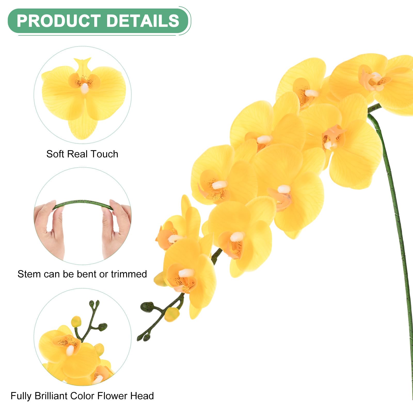 M METERXITY 1-Pack Artificial Orchid Flowers 9 Large Petals 37 Inch Faux Phalaenopsis Silk Bouquets Real Touch Yellow Fake Orchids for Home/Wedding/Christmas/Party/Garden Office - Image 2