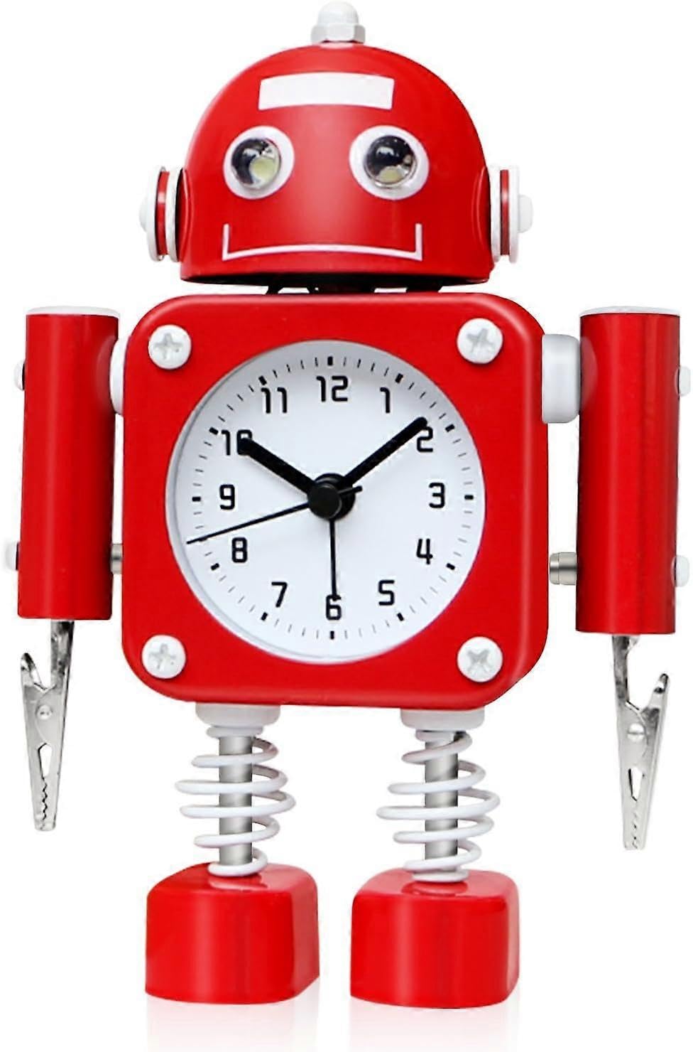 JOYHAPPST Non-Ticking Robot Alarm Clock Stainless Metal - Wake-up Clock with Flashing Eye Lights and Hand Clip (Ruby Red)
