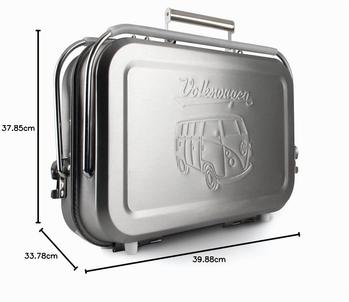 BRISA VW Collection - Volkswagen Barbecue portatile a valigia con griglia, vaschetta di raccolta della carbonella e maniglia di trasporto in acciaio inox Campervan T1 Bus design (Silhouette/Argento)