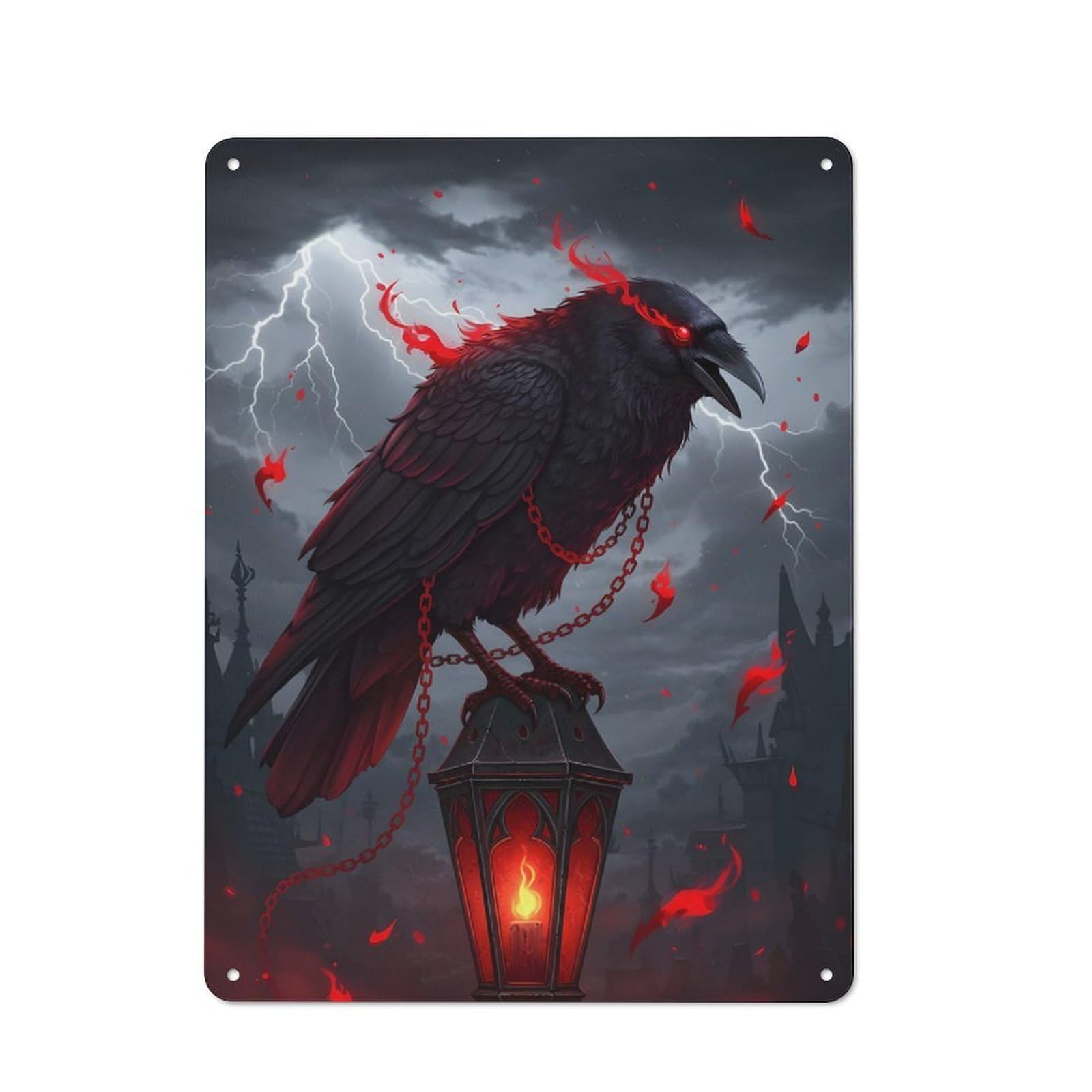 Tin Wall Plaque 40x30cm with Fiery Raven on A Lamp for Café Or Home Bar, New-space Wall Decor for Hospitality Decor Collectors