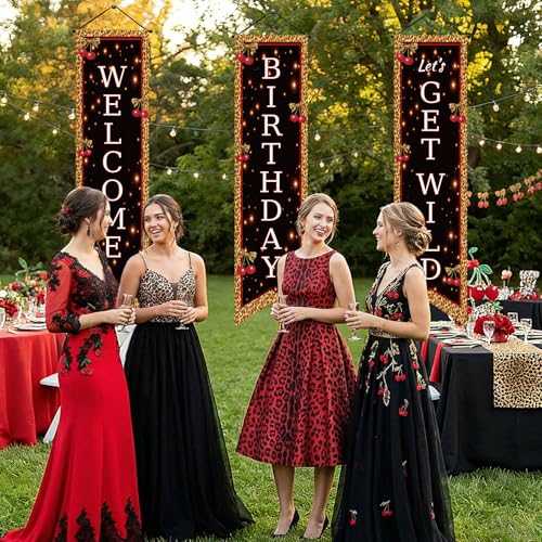 Image of Chiisong 3 Pcs Cheetah Print Birthday Party Decorations Cherry Leopard Print Banners Red and Black Cherry Wild Porch Signs Welcome Flags Photo Props Backdrop for Girls Women Night Outdoor Yard