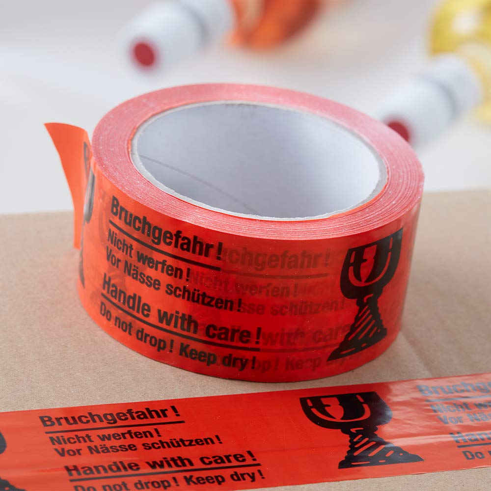 12 x Klebeband (Bruchgefahr!) leise abrollend 50 mm x 66 m, Packband Warnband Paketband Hinweis