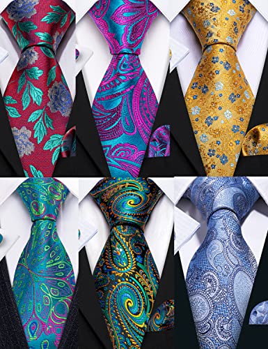 Image of Barry.Wang 6 PCS Men Ties Set Silk Business Fashion Woven Necktie Handkerchief Cufflinks Paisley Stripe Wedding Party