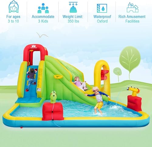 Miniatura 6 de HONEY JOY Tobogán acuático inflable, parque acuático inflable 7 en 1 para patio trasero de niños, piscina de chapoteo, pared de escalada, toboganes