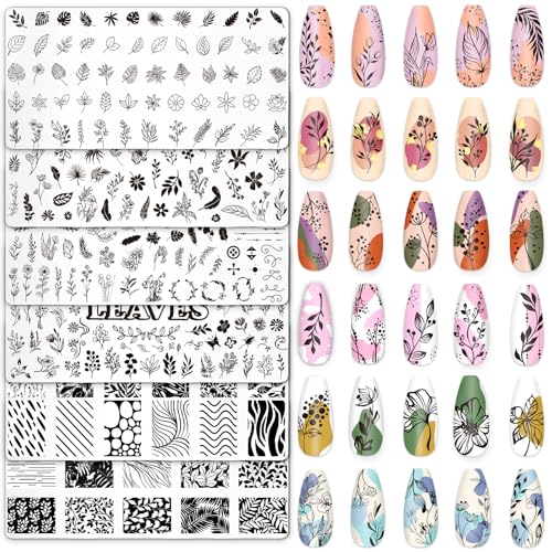 Whaline 6Pcs Spring Floral Leaves Nail Plates Stamping Set Plant Leaves Stamp Templates Nail Art Plates for DIY Print Manicure Salon Design