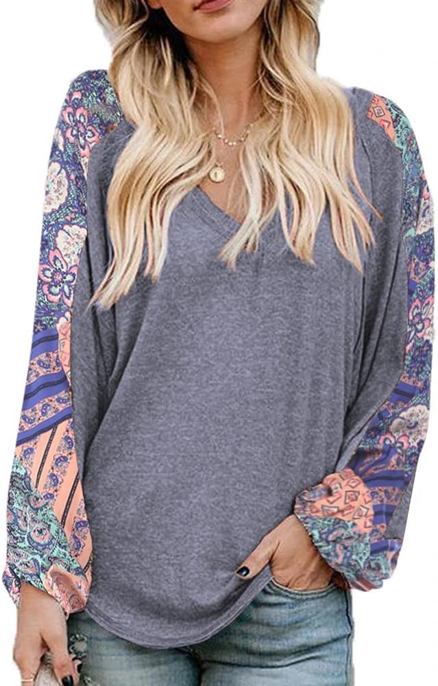 Beyove Boho Tops for Women Long Sleeve V Neck Fall Shirts Bohemian Fashion Hippie Western Dressy Casual Blouses