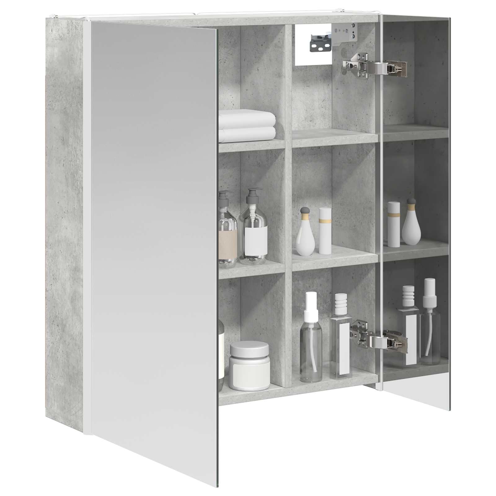 Szafka łazienkowa z lustrem betonowym, szara, 63,5 x 15,5 x 70 cm, materiał drewnopochodny z oświetleniem LED, montaż na ścianie, regulowane regały, miejsce do przechowywania, nowoczesne