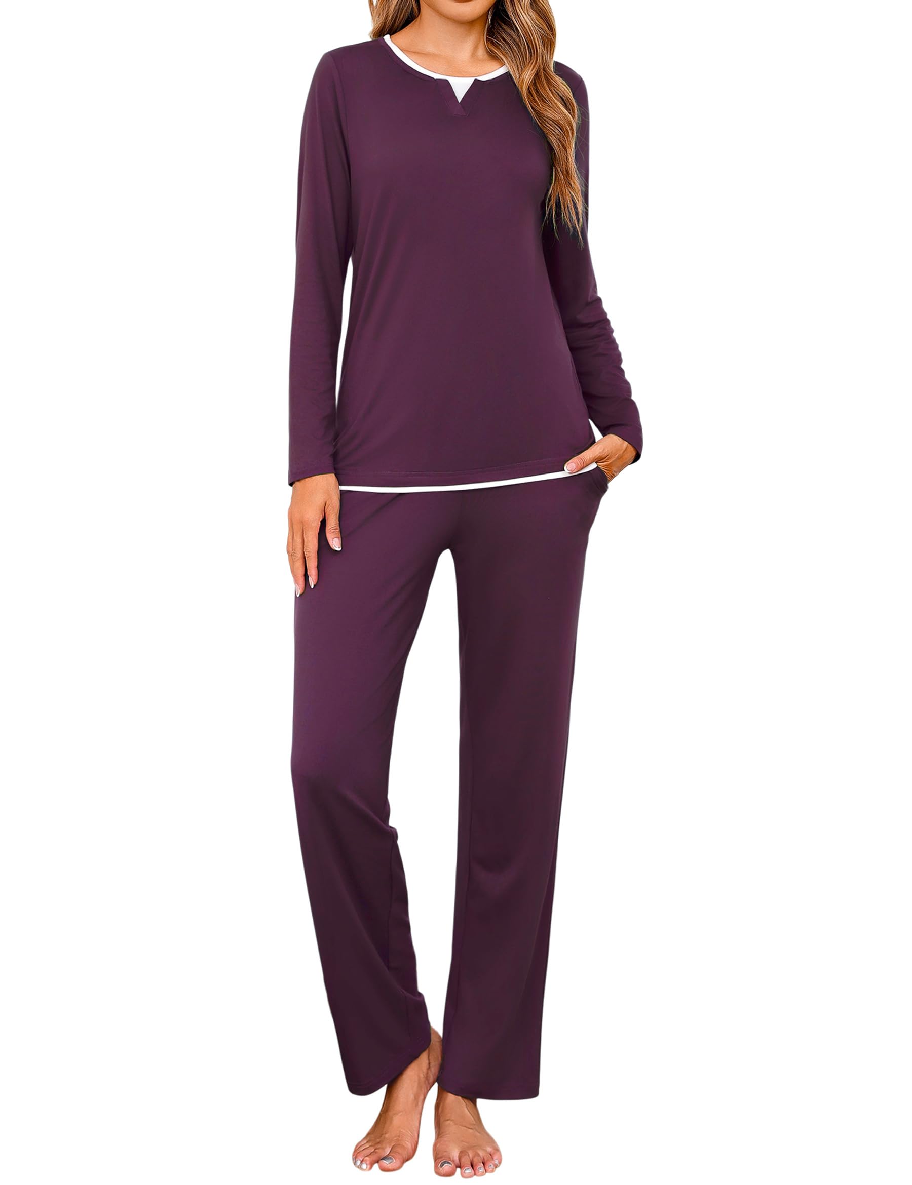 Jahetuul Pigiama Donna Cotone Lungo Leggero Pigiami da Donna Invernale | Set Pigiama da Notte Lungo in 2 Pezzi Morbido e Caldo con Tasche e Coulisse S-3XL