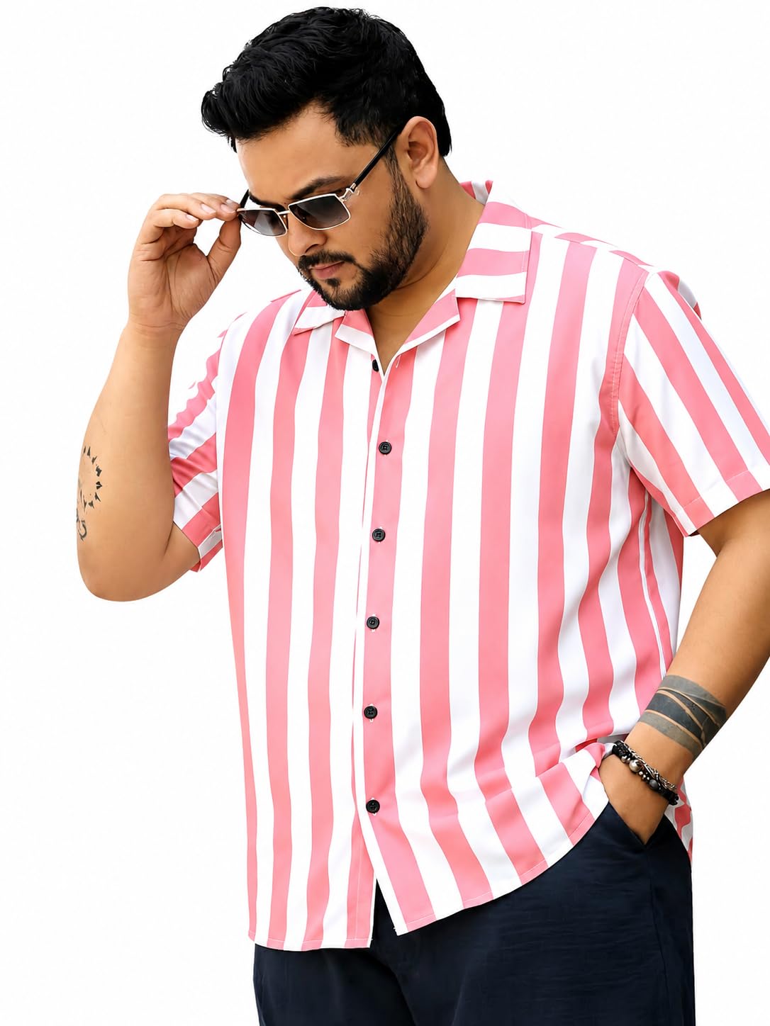 Men's Pink and White Vertical Striped Half Sleeve Button-Down Shirt, Casual Style-picture-29